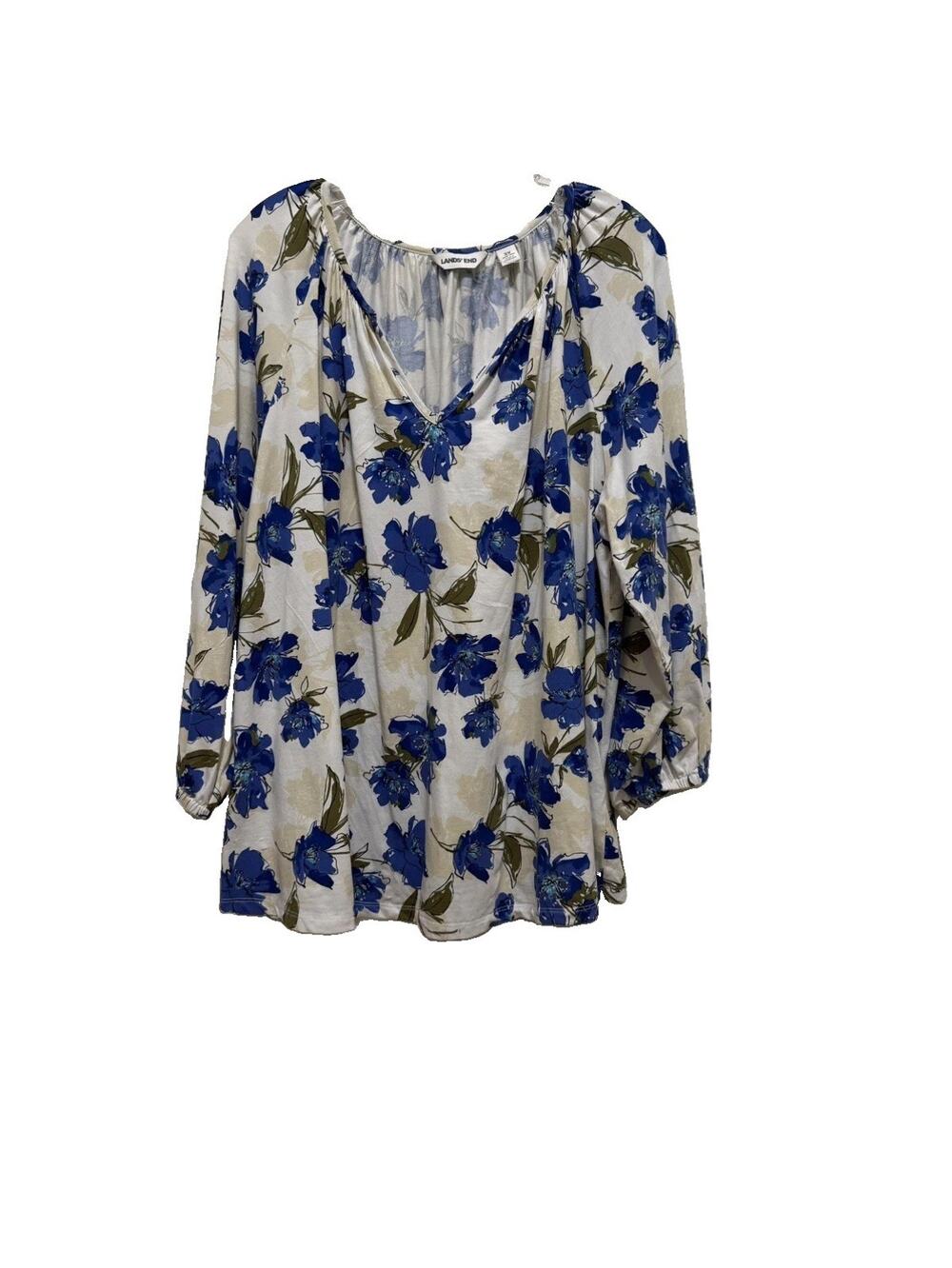 Lands End Women Plus 3X Floral Blouse White Blue 3/4 Sleeve Notch Neck Gathered